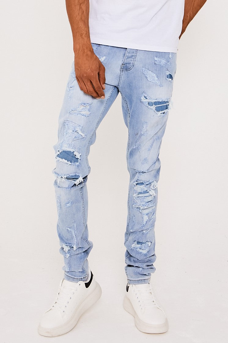 Mens Jeans Ice Blue Tapered Slim Distressed Rainham – BCouture
