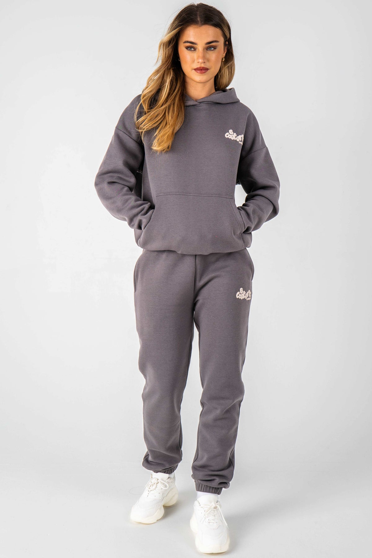 Women's Grey Tracksuit, Oversized Fit, Fleece Hoodie Jogger Set