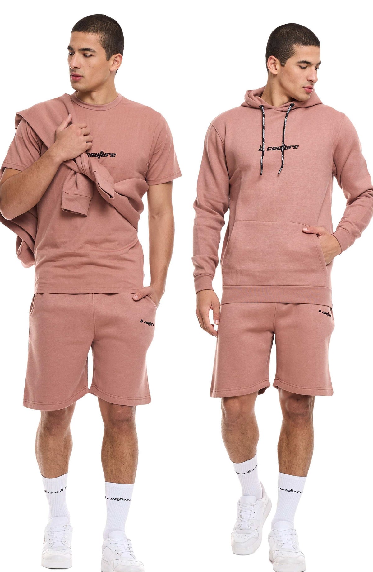 Pullover Hoodie, T-Shirts & Short Set - Beige